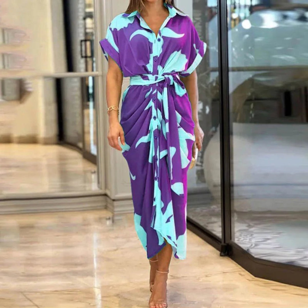 Women's Belted Button-Down Printed Fall Midi Dress