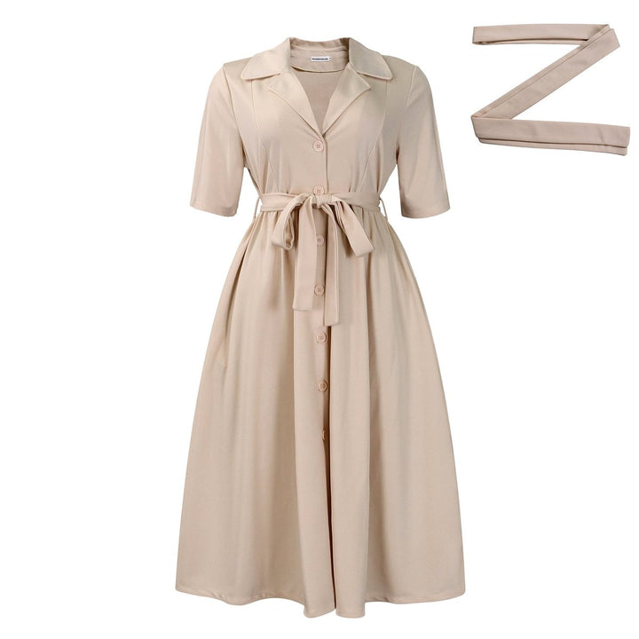 Women's Belted Button-Front Fall Midi Dress Lapel Collar