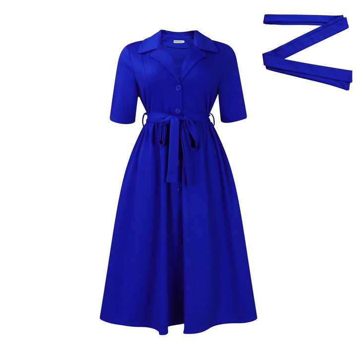 Women's Belted Button-Front Fall Midi Dress Lapel Collar