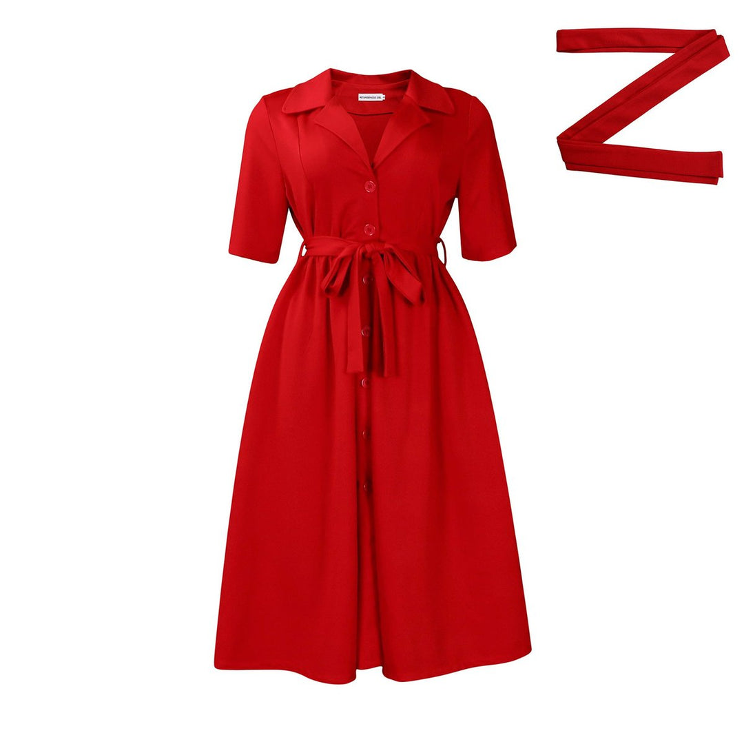 Women's Belted Button-Front Fall Midi Dress Lapel Collar