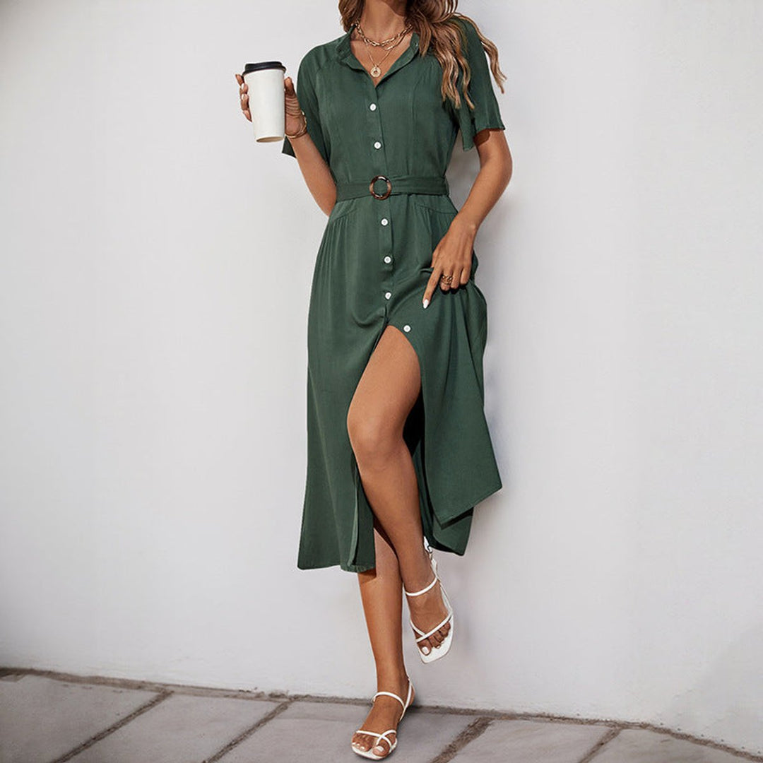 Women's Belted Button-Front Fall Midi Dress Short Sleeve
