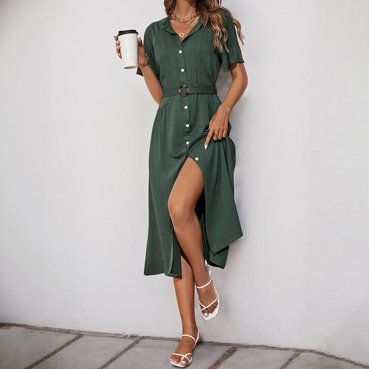 Women's Belted Button-Front Fall Midi Dress Short Sleeve