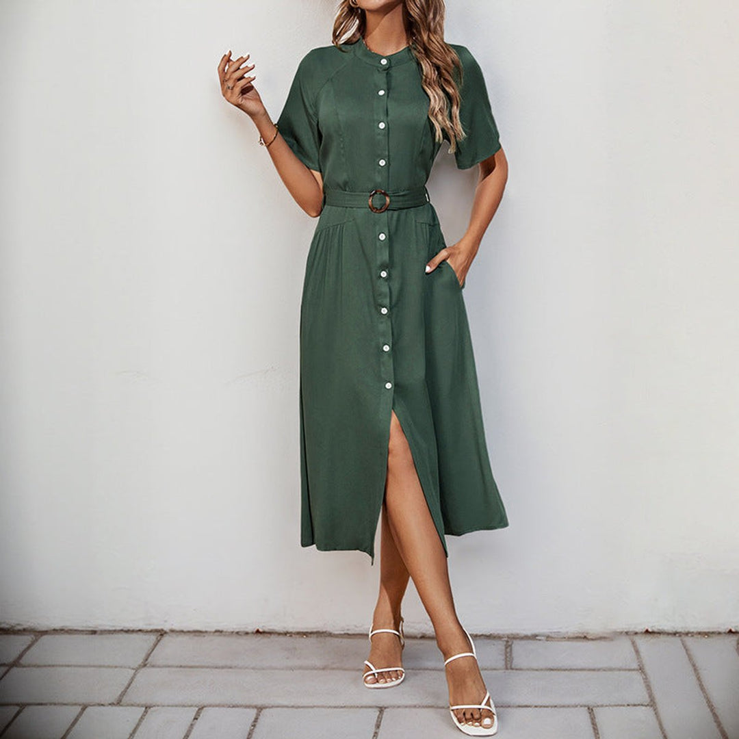 Women's Belted Button-Front Fall Midi Dress Short Sleeve