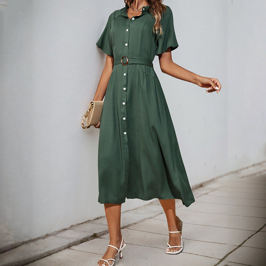 Women's Belted Button-Front Fall Midi Dress Short Sleeve
