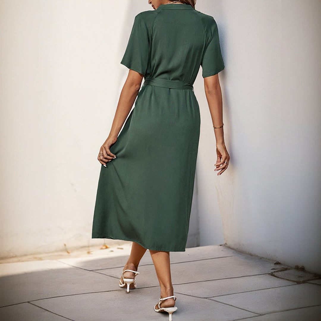 Women's Belted Button-Front Fall Midi Dress Short Sleeve