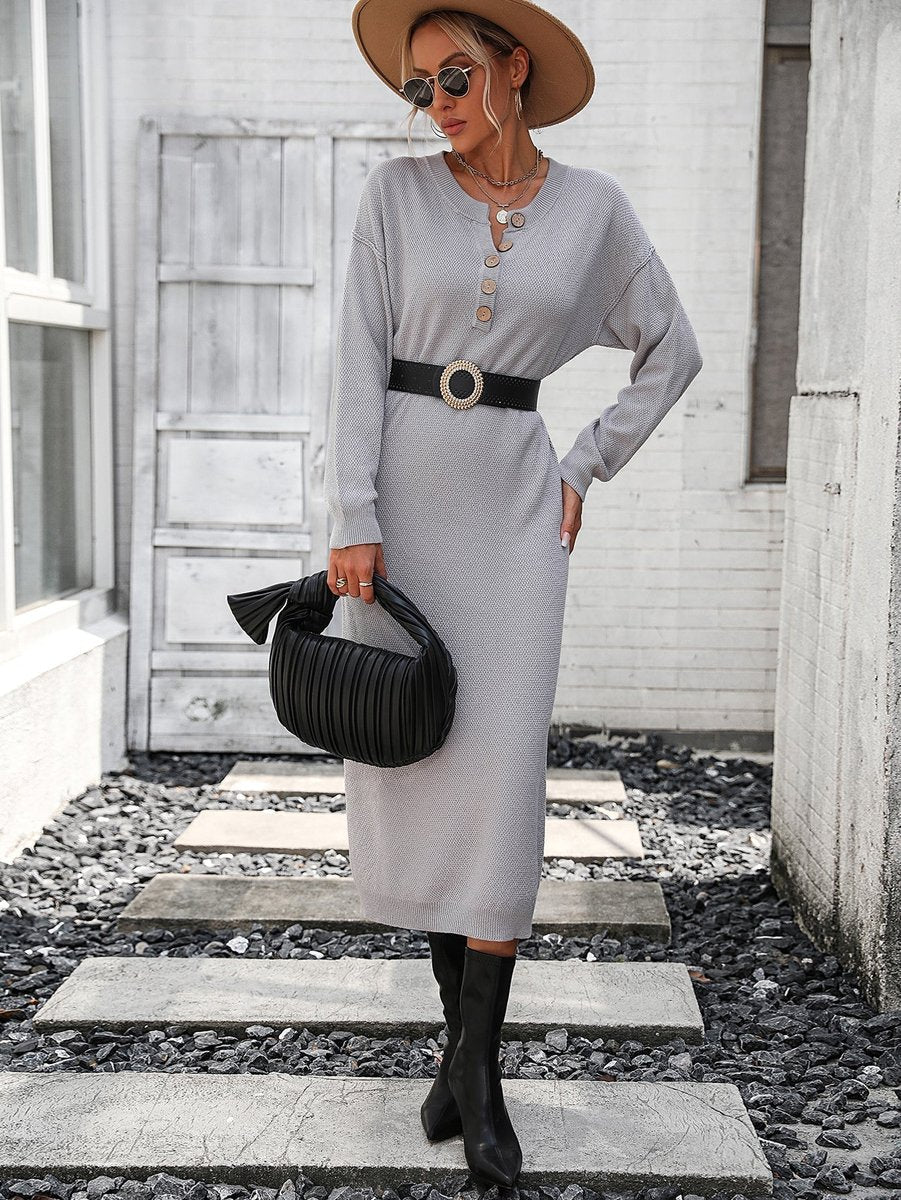 Women's Belted Button-Front Knit Fall Midi Dress