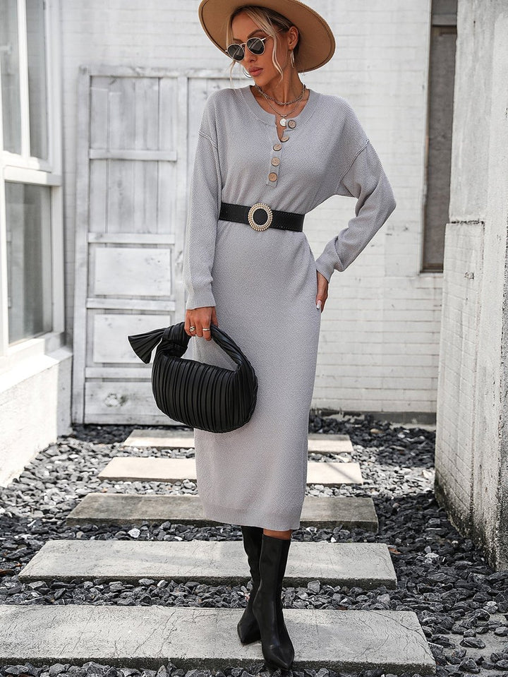 Women's Belted Button-Front Knit Fall Midi Dress