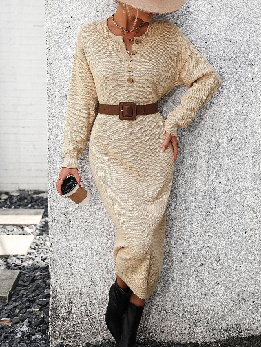 Women's Belted Button-Front Knit Fall Midi Dress