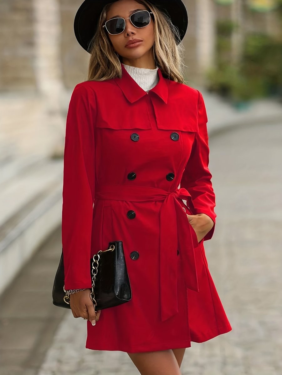 Women's Belted Double-Breasted Long-Sleeve Trench Coat