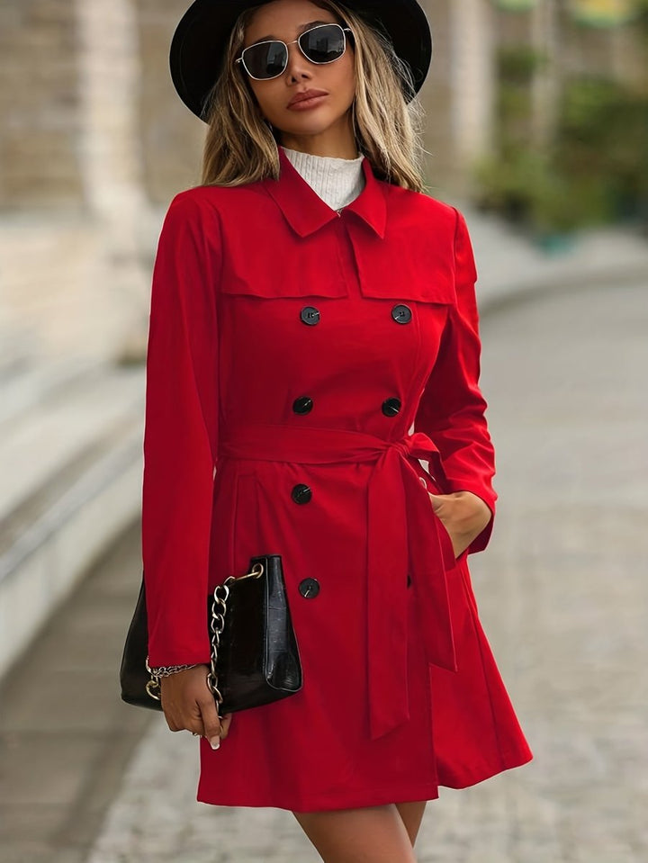Women's Belted Double-Breasted Long-Sleeve Trench Coat