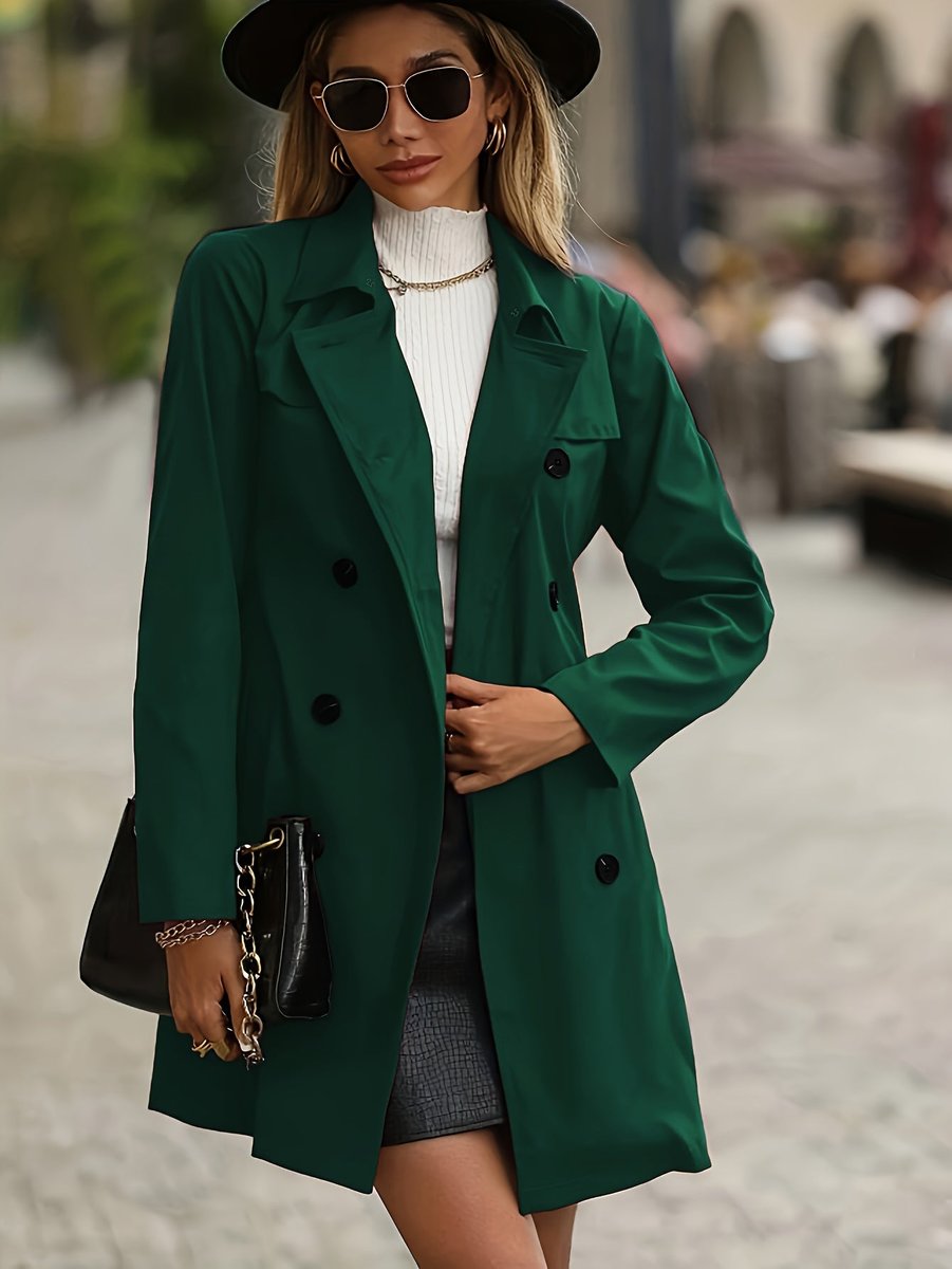 Women's Belted Double-Breasted Long-Sleeve Trench Coat