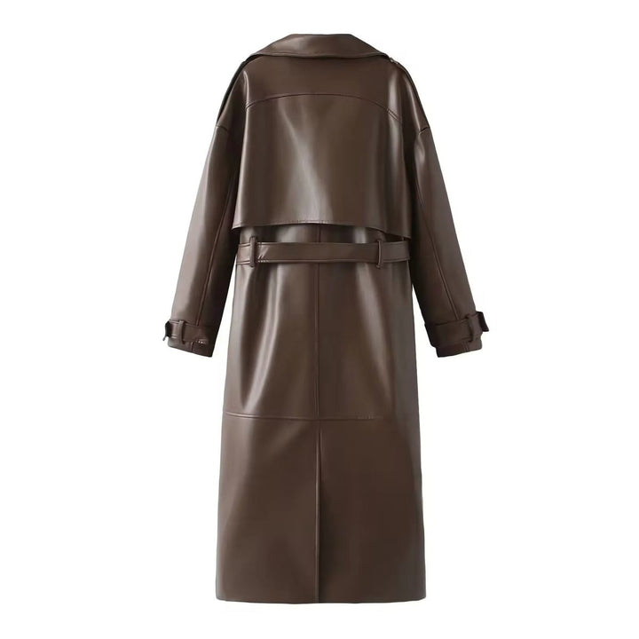 Women's Belted Faux Leather Long Trench Coat