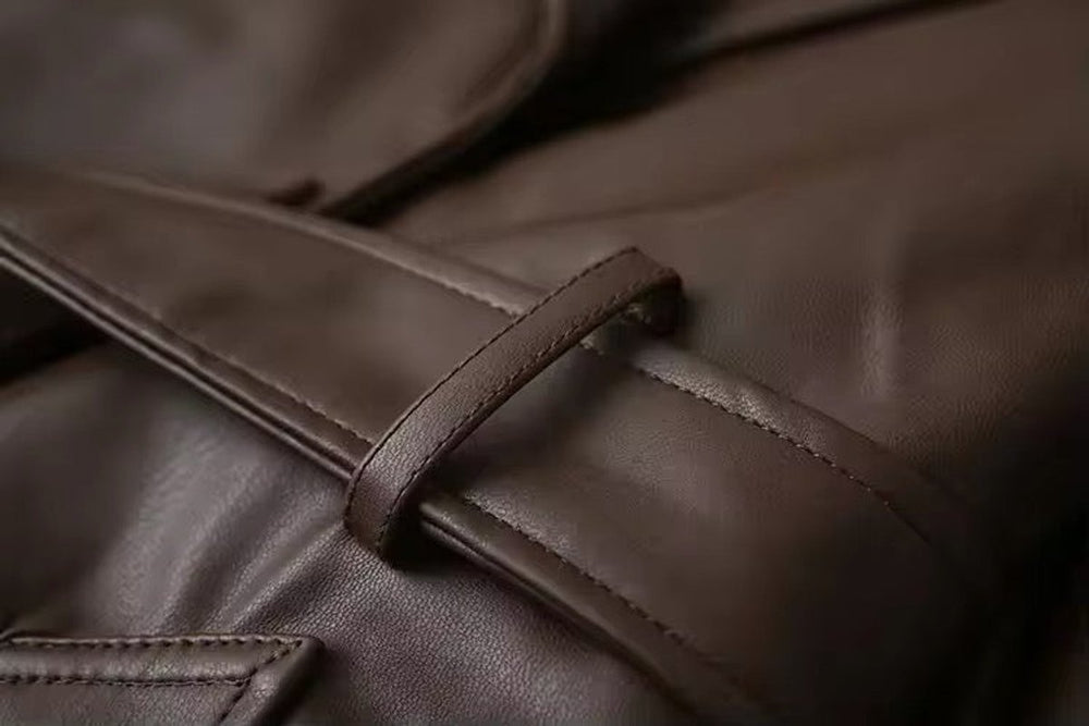 Women's Belted Faux Leather Long Trench Coat