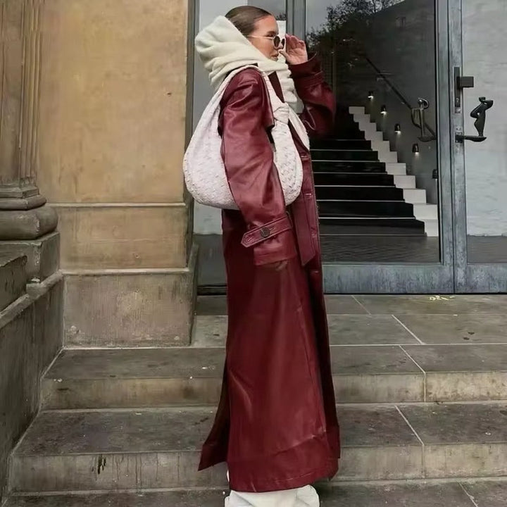 Women's Belted Faux Leather Long Trench Coat