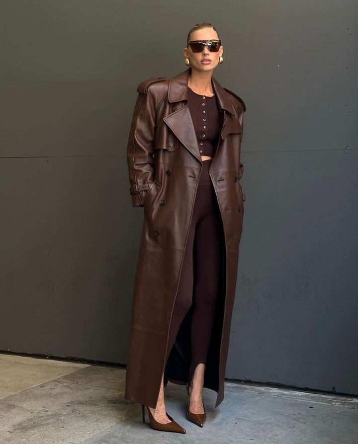 Women's Belted Faux Leather Long Trench Coat