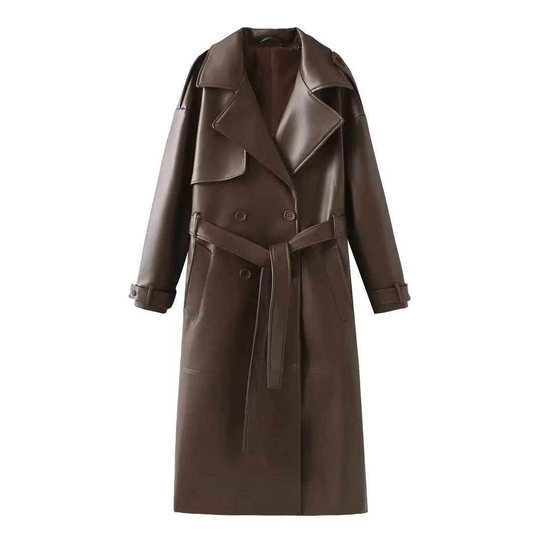 Women's Belted Faux Leather Long Trench Coat