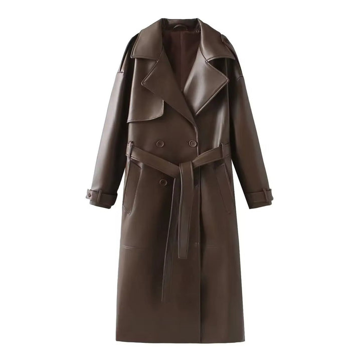 Women's Belted Faux Leather Long Trench Coat
