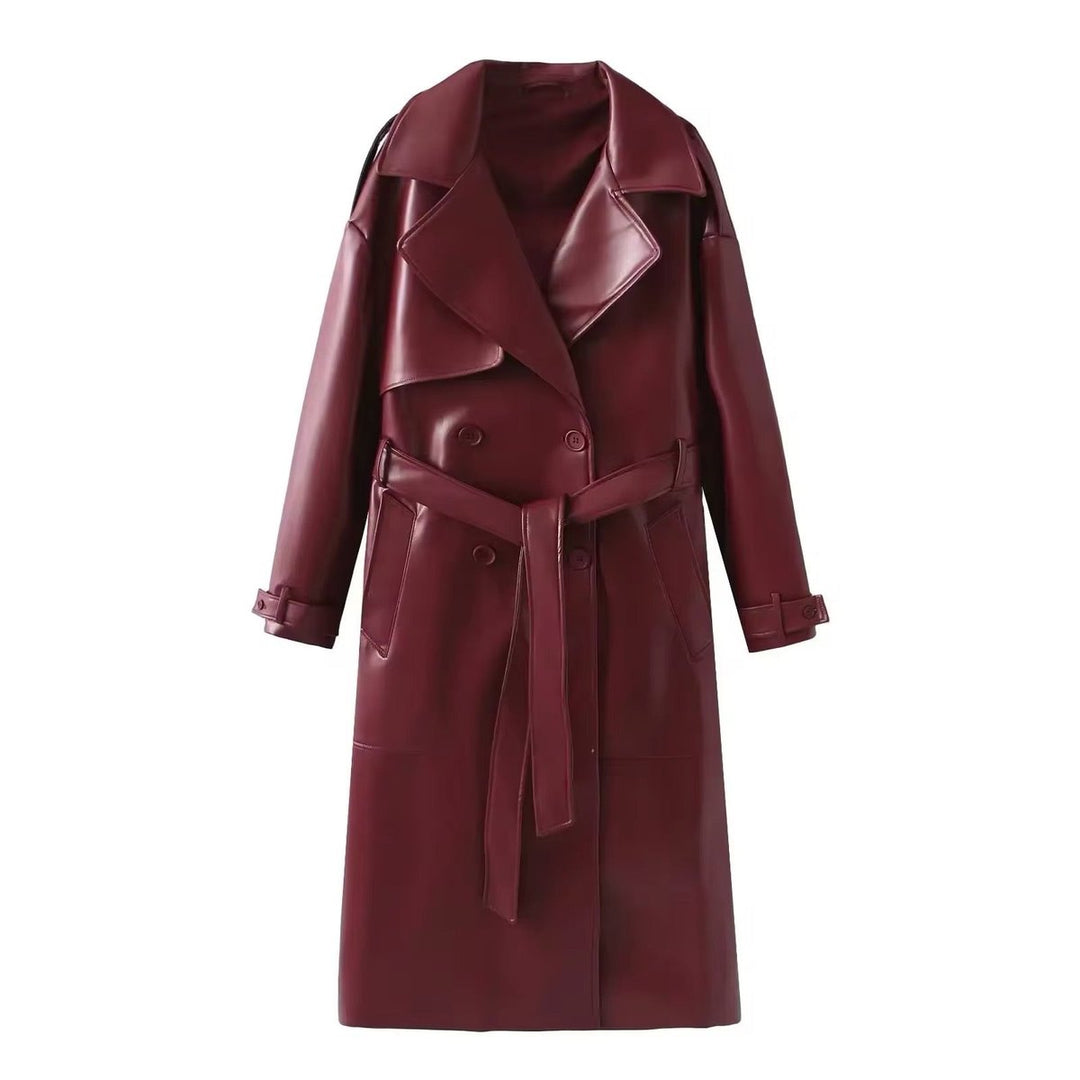 Women's Belted Faux Leather Long Trench Coat
