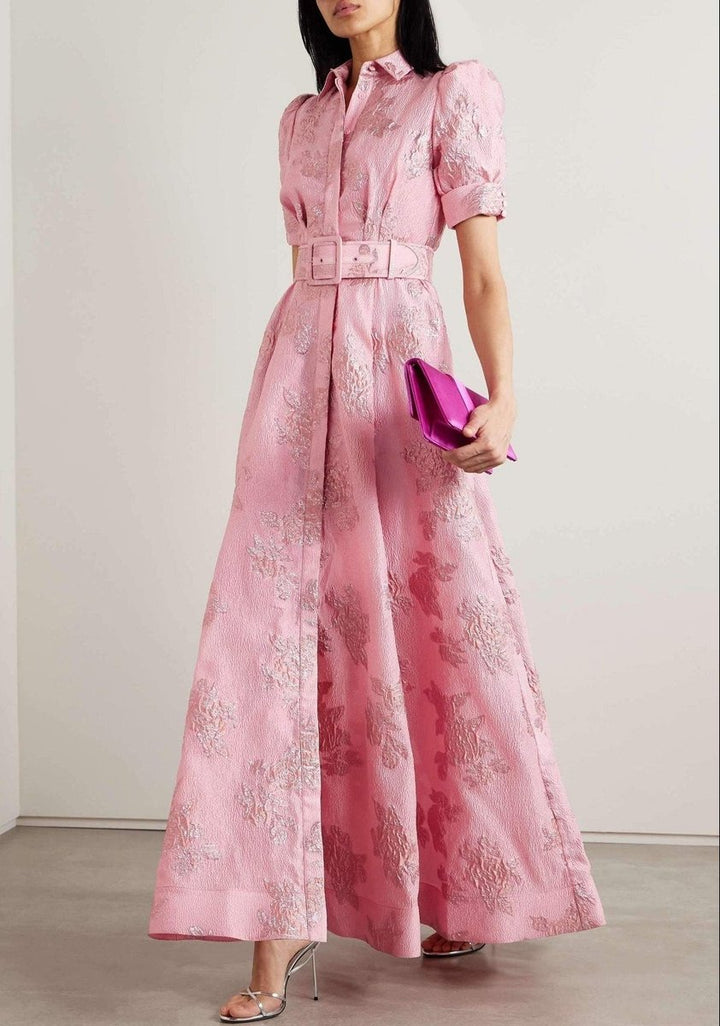 Women's Belted Floral Jacquard Puff-Sleeve Maxi Formal Dress