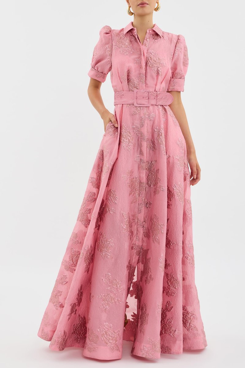 Women's Belted Floral Jacquard Puff-Sleeve Maxi Formal Dress