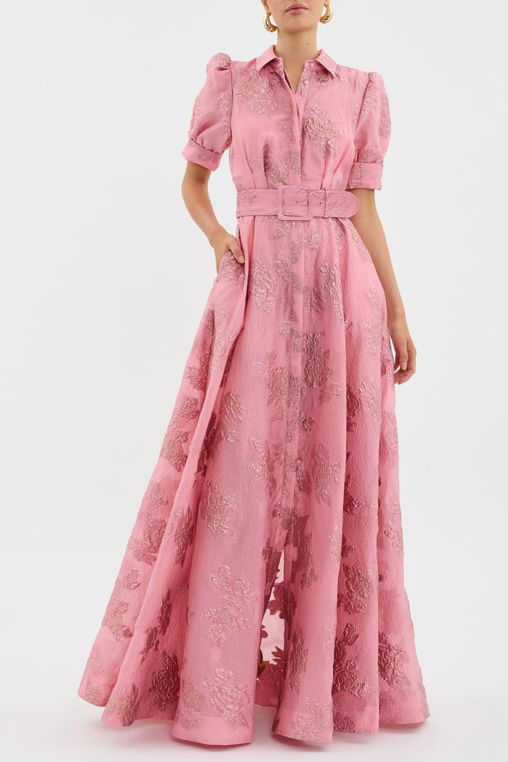 Women's Belted Floral Jacquard Puff-Sleeve Maxi Formal Dress