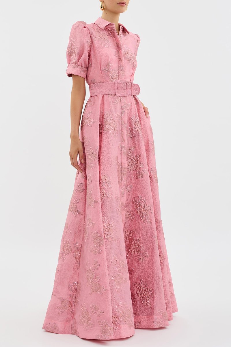 Women's Belted Floral Jacquard Puff-Sleeve Maxi Formal Dress
