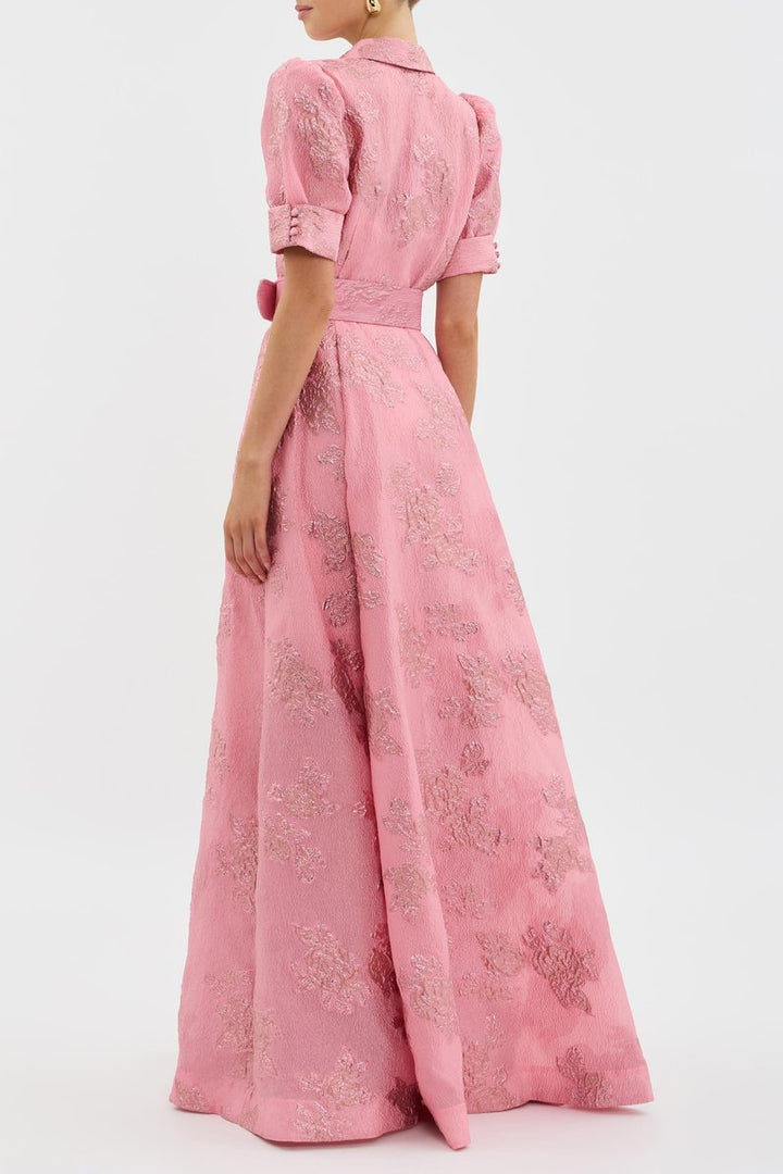 Women's Belted Floral Jacquard Puff-Sleeve Maxi Formal Dress