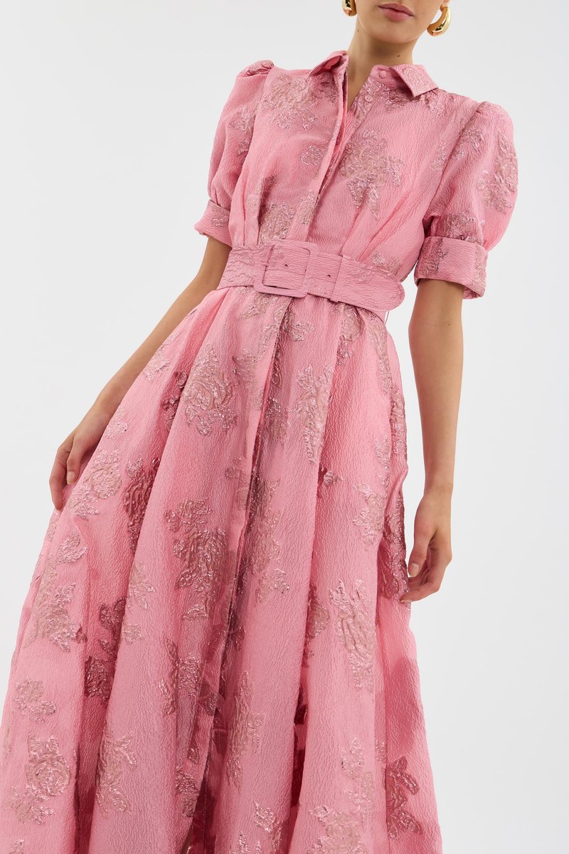 Women's Belted Floral Jacquard Puff-Sleeve Maxi Formal Dress
