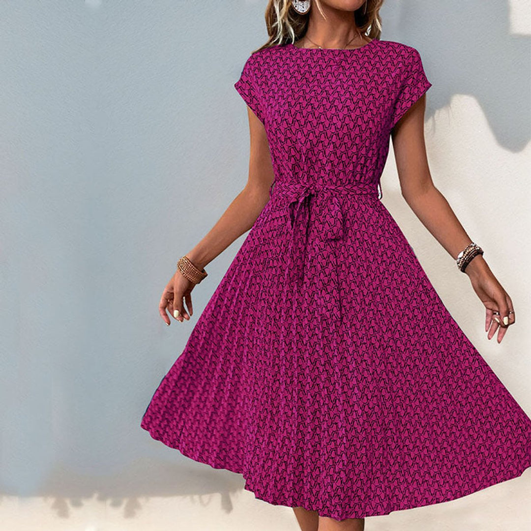 Women's Belted Geometric-Print Cap-Sleeve Fall Midi Dress