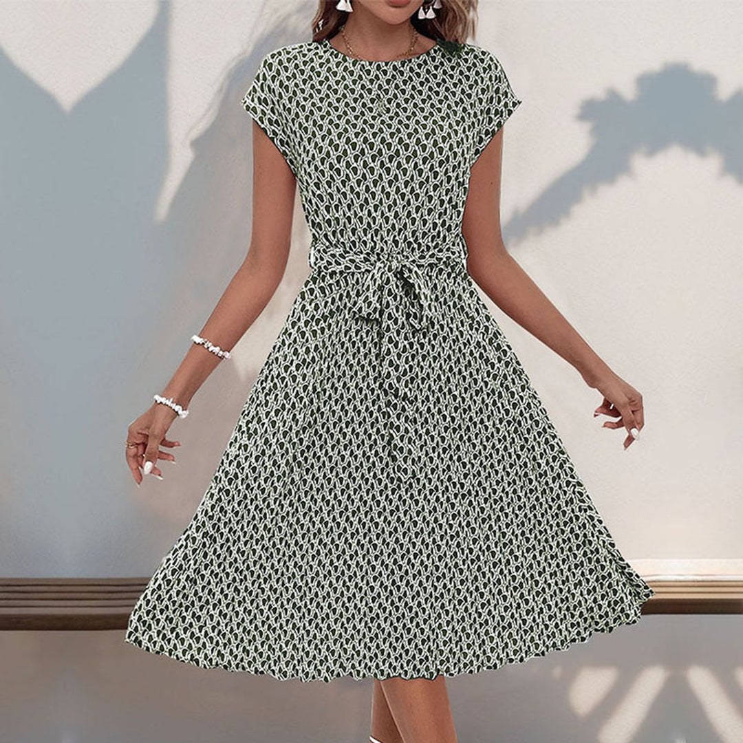 Women's Belted Geometric-Print Cap-Sleeve Fall Midi Dress
