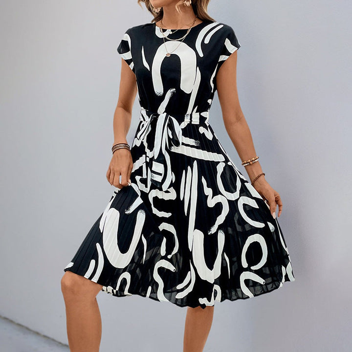 Women's Belted Geometric-Print Cap-Sleeve Fall Midi Dress