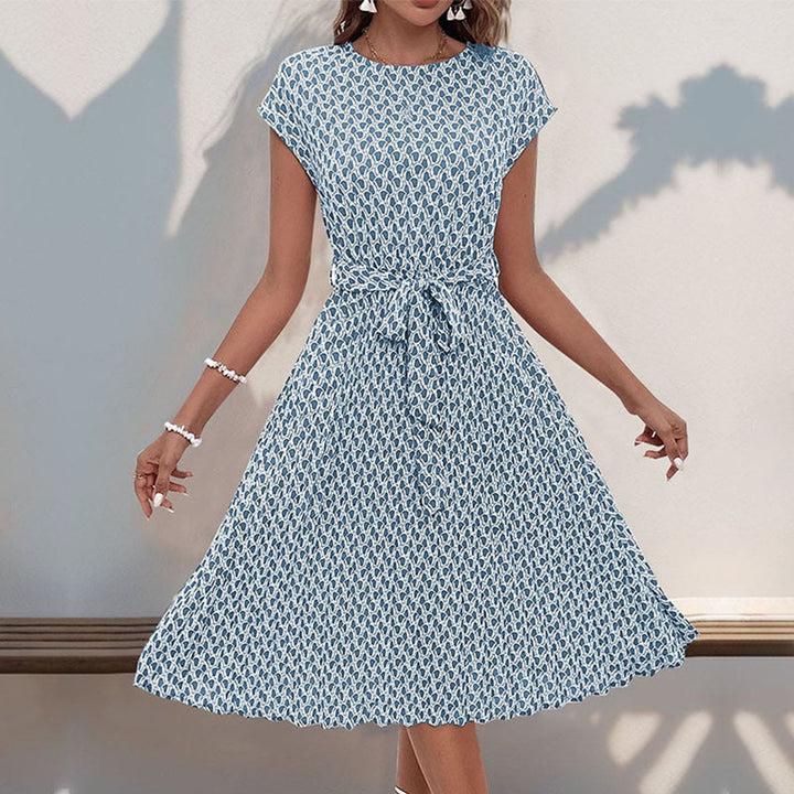 Women's Belted Geometric-Print Cap-Sleeve Fall Midi Dress