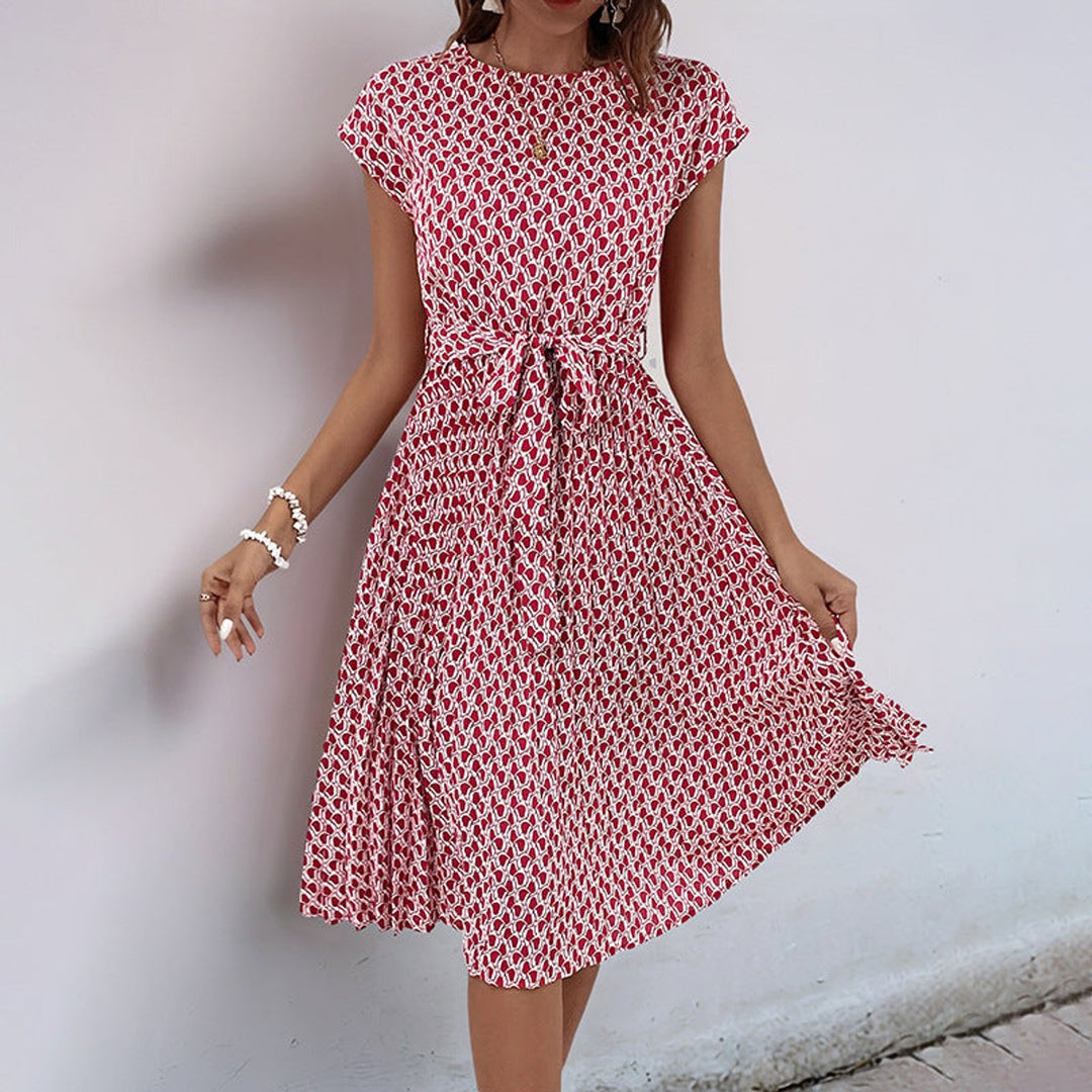 Women's Belted Geometric-Print Cap-Sleeve Fall Midi Dress