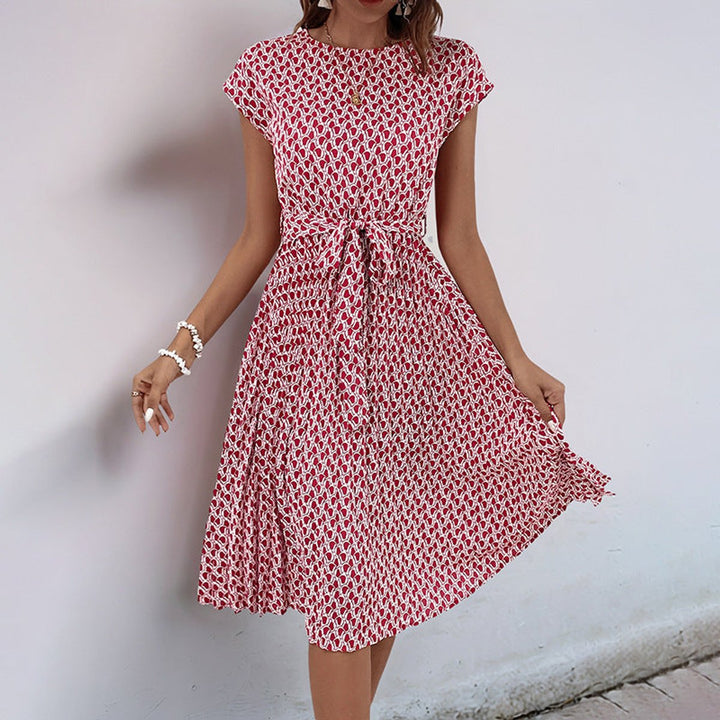 Women's Belted Geometric-Print Cap-Sleeve Fall Midi Dress