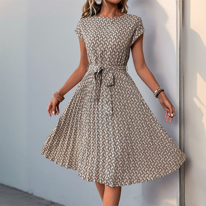 Women's Belted Geometric-Print Cap-Sleeve Fall Midi Dress