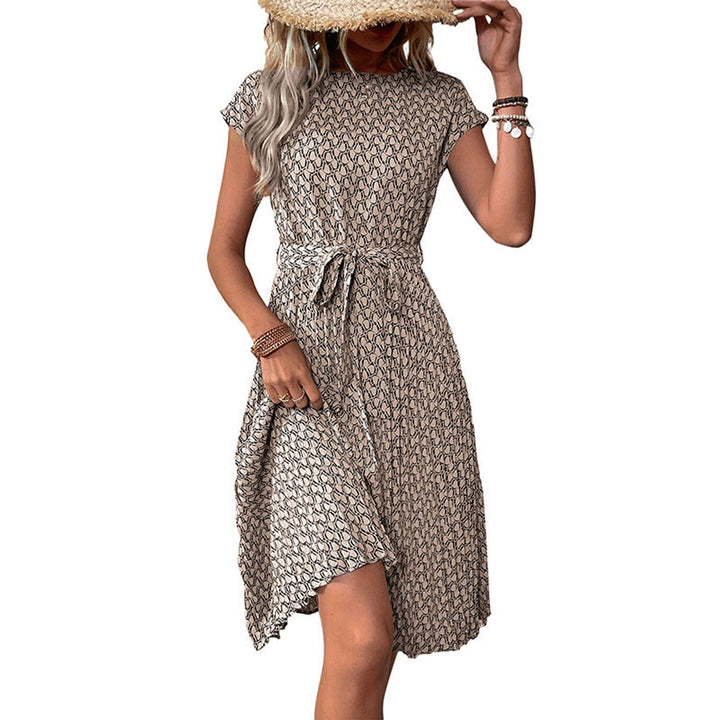 Women's Belted Geometric-Print Cap-Sleeve Fall Midi Dress