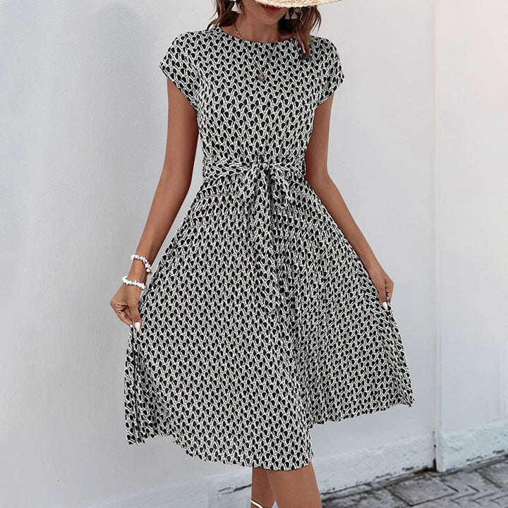 Women's Belted Geometric-Print Cap-Sleeve Fall Midi Dress
