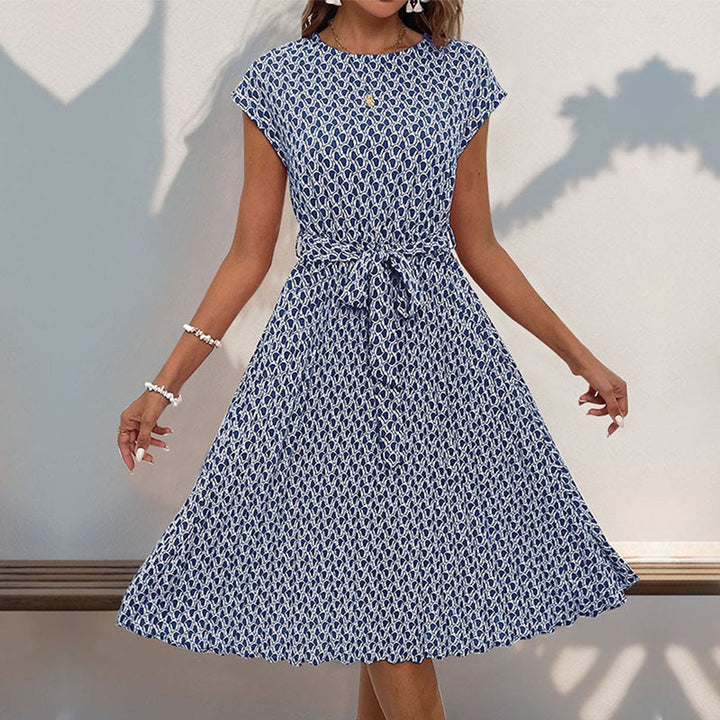 Women's Belted Geometric-Print Cap-Sleeve Fall Midi Dress