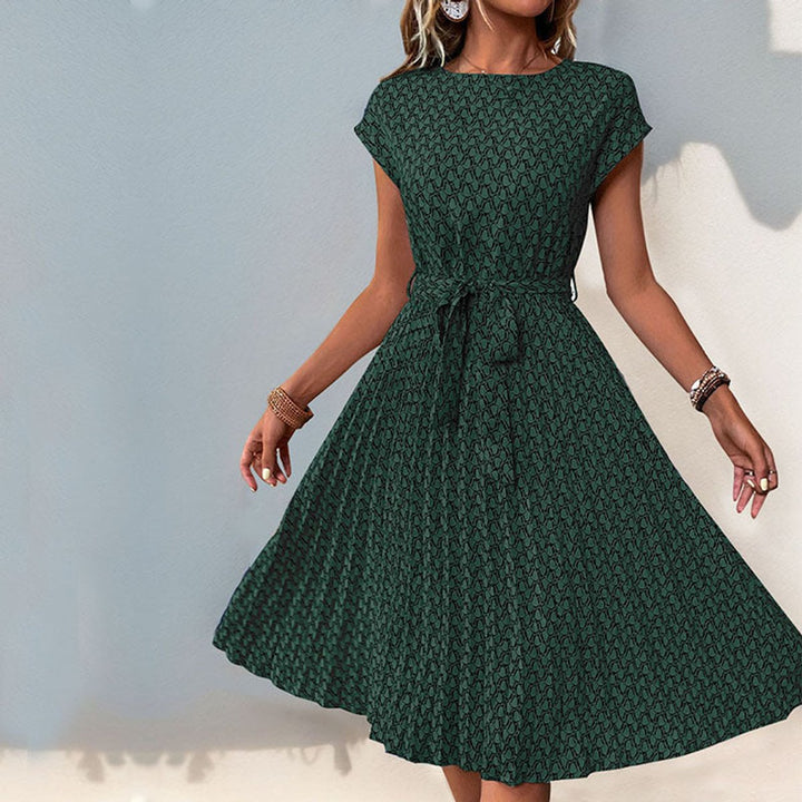Women's Belted Geometric-Print Cap-Sleeve Fall Midi Dress