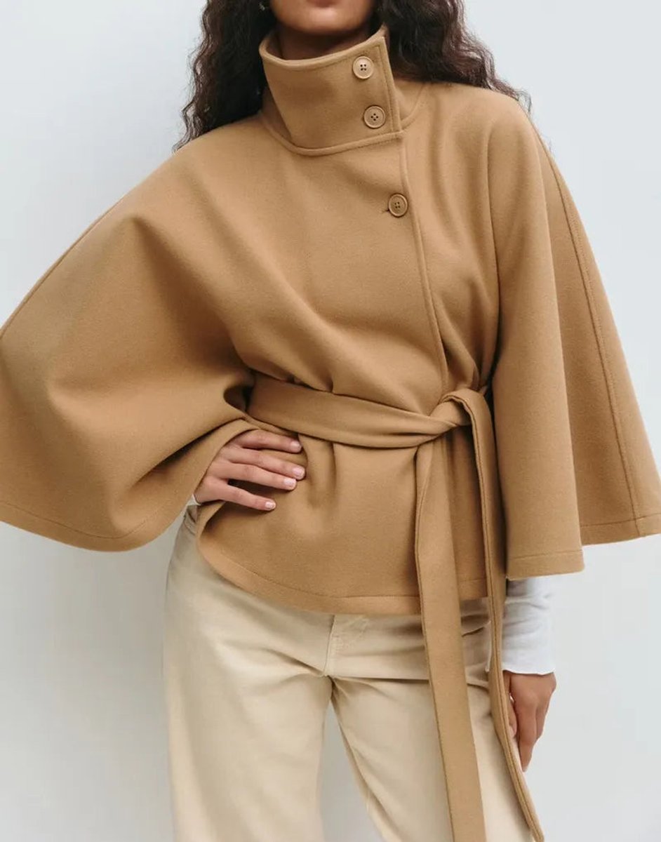 Women's Belted High-Neck Cape-Sleeve Trench Coat - Khaki