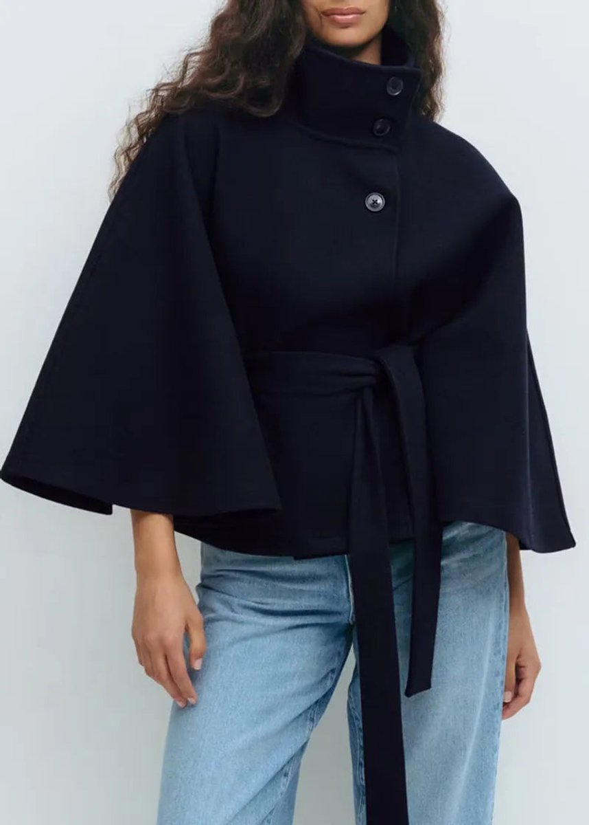 Women's Belted High-Neck Cape-Sleeve Trench Coat - Navy Blue