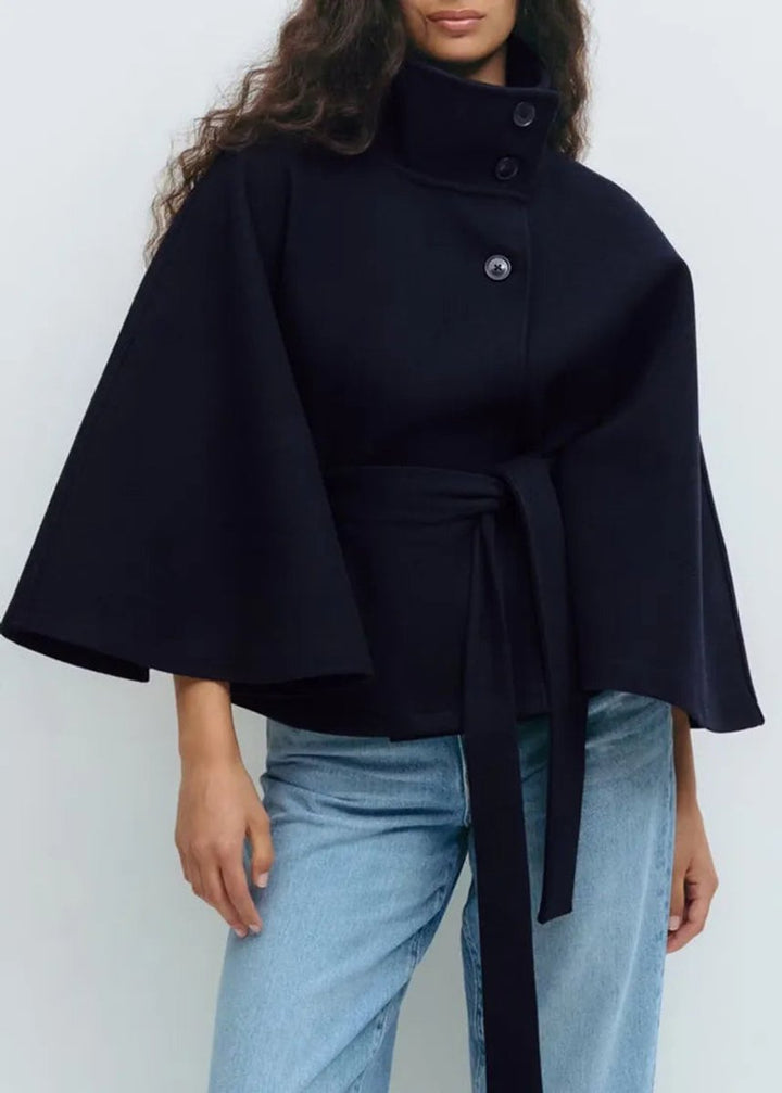 Women's Belted High-Neck Cape-Sleeve Trench Coat - Navy Blue