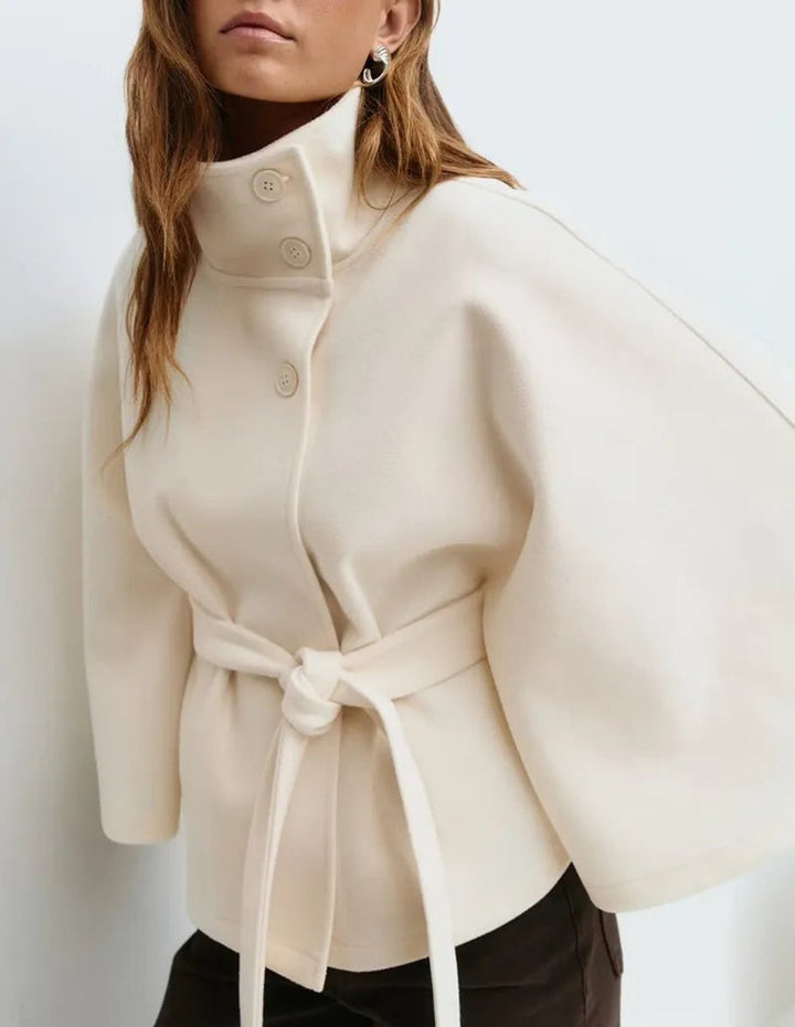 Women's Belted High-Neck Cape-Sleeve Trench Coat - White