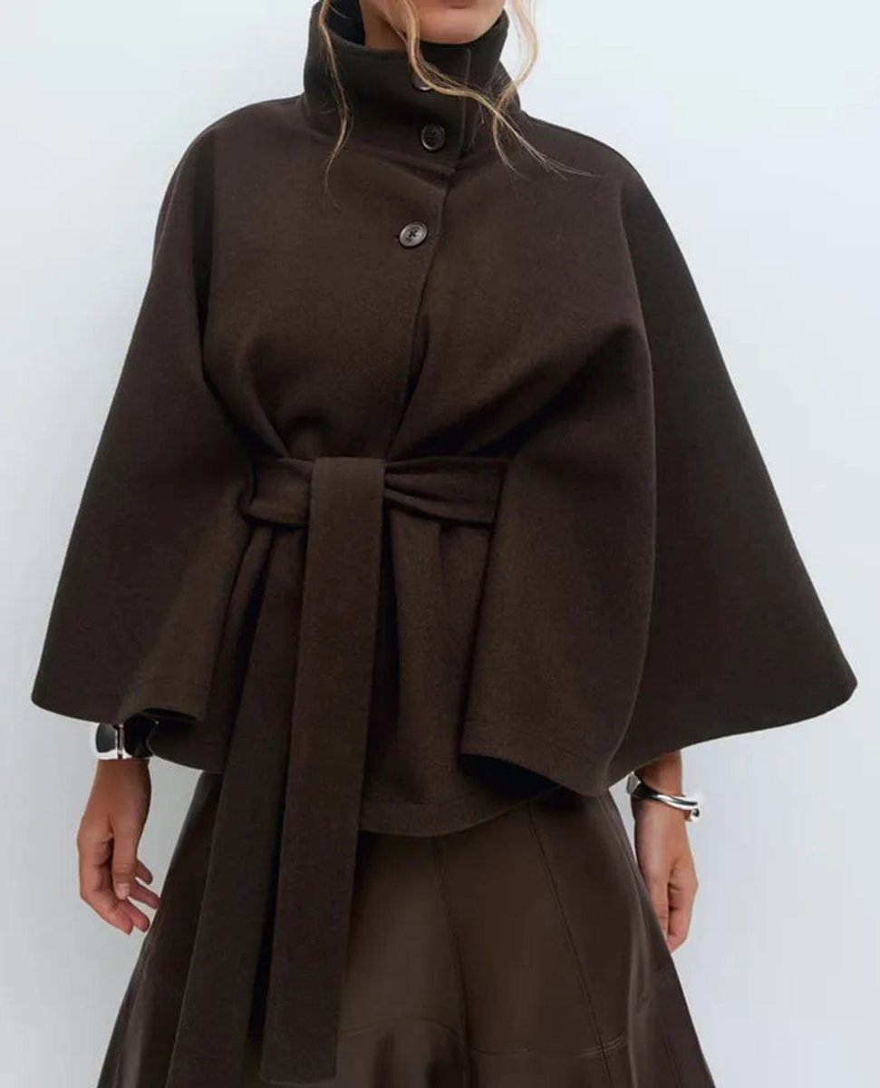 Women's Belted High-Neck Cape-Sleeve Trench Coat - Coffee