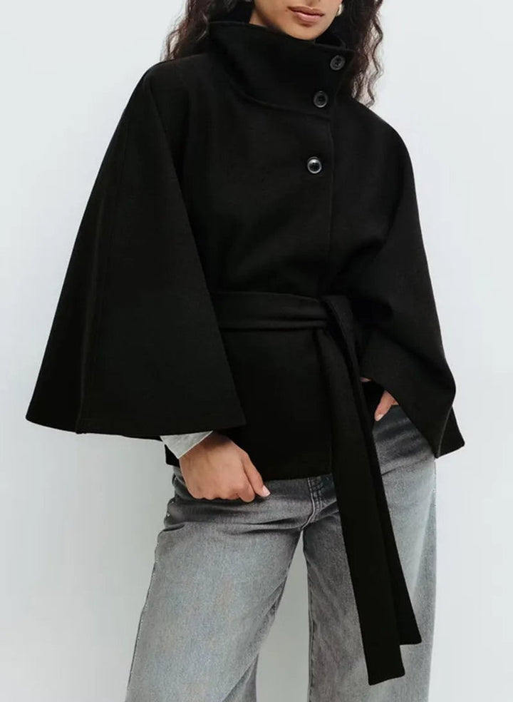 Women's Belted High-Neck Cape-Sleeve Trench Coat - Black