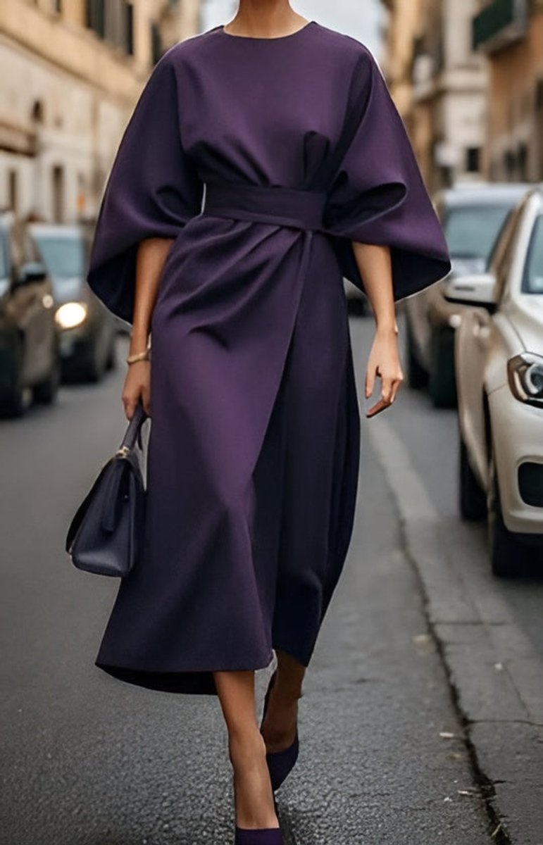 Women's Belted Kimono-Sleeve Midi Formal Dress