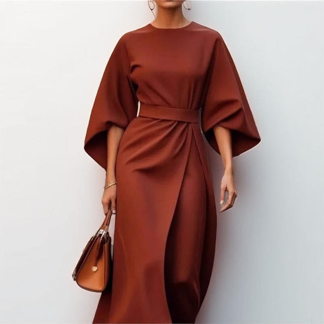 Women's Belted Kimono-Sleeve Satin Maxi Formal Dress