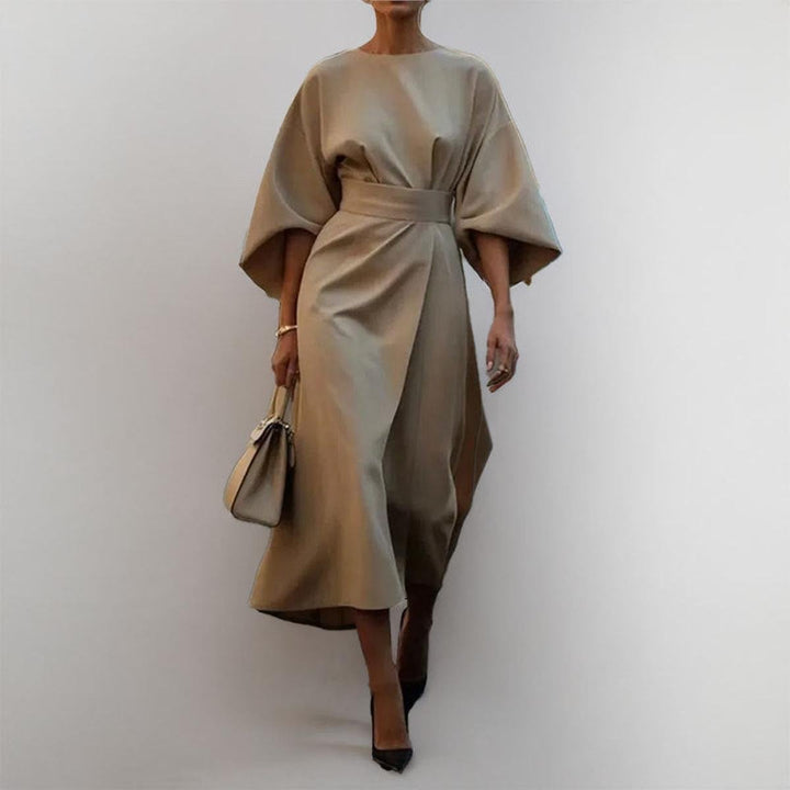 Women's Belted Kimono-Sleeve Satin Maxi Formal Dress