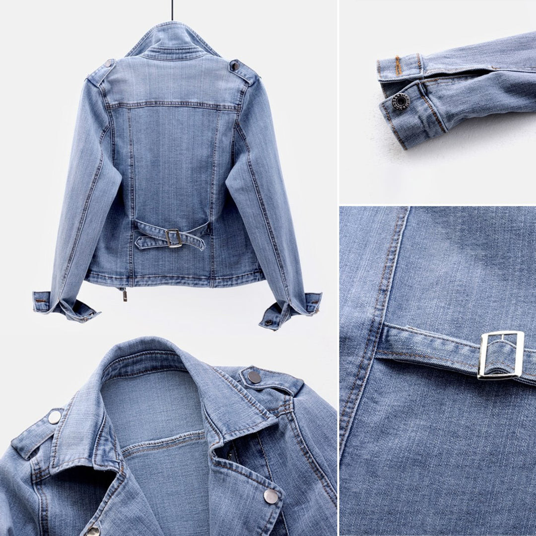 Women's Belted Light-Wash Moto-Style Denim Jacket