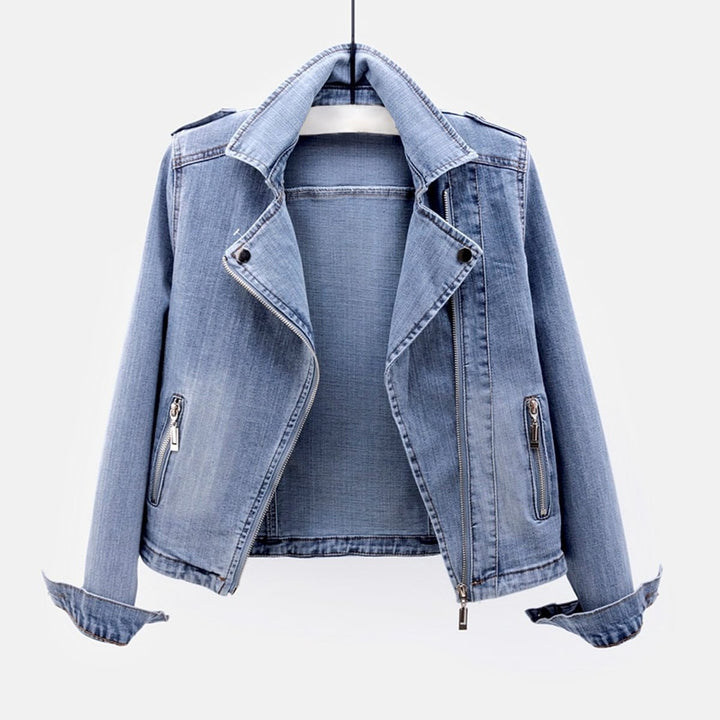 Women's Belted Light-Wash Moto-Style Denim Jacket